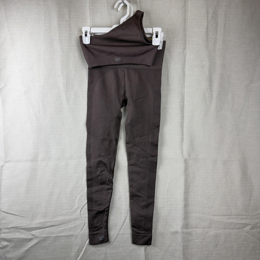 SET ACTIVE Outfit Womens Small Brown One Shoulder Ribbed Seamless Leggings Set